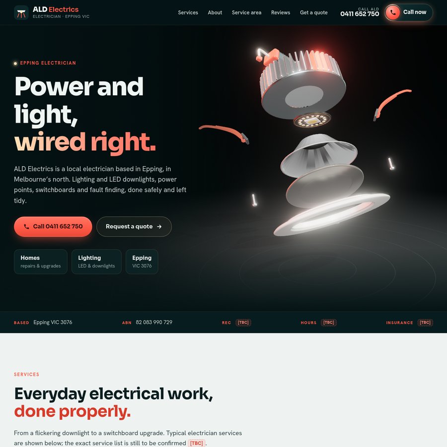 Homepage of the ALD Electrics sample site: dark layout with a glowing LED downlight, electrician in Epping, with call and Request a quote buttons.
