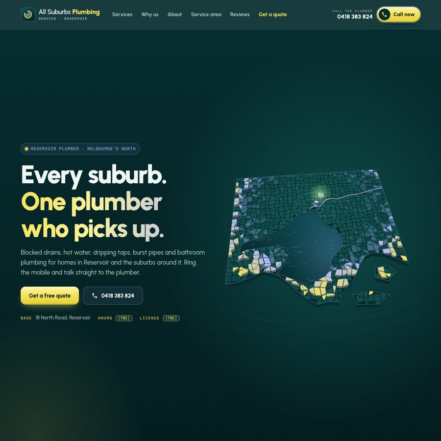 Homepage of the All Suburbs Plumbing Service sample site: dark green layout with a suburb map and the headline Every suburb. One plumber who picks up.