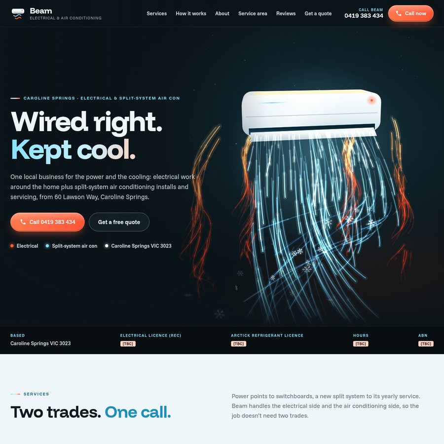 Homepage of the Beam Electrical & Air Conditioning sample site: dark layout with a split-system air conditioner and the headline Wired right. Kept cool.