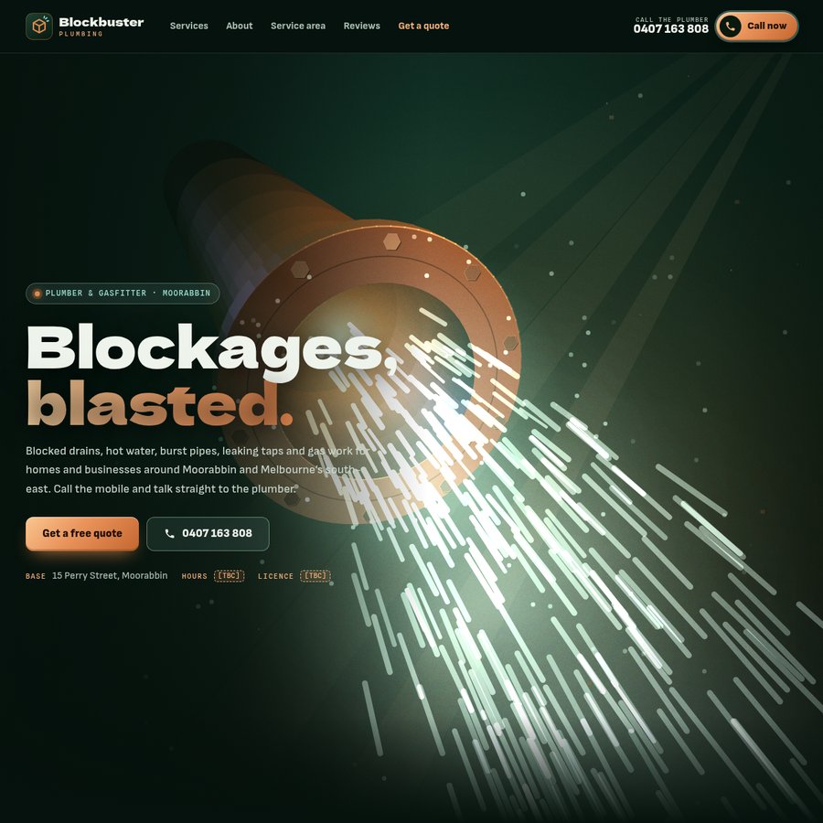 Homepage of the Blockbuster Plumbing sample site: dark green layout with a blasting pipe and the headline Blockages, blasted.
