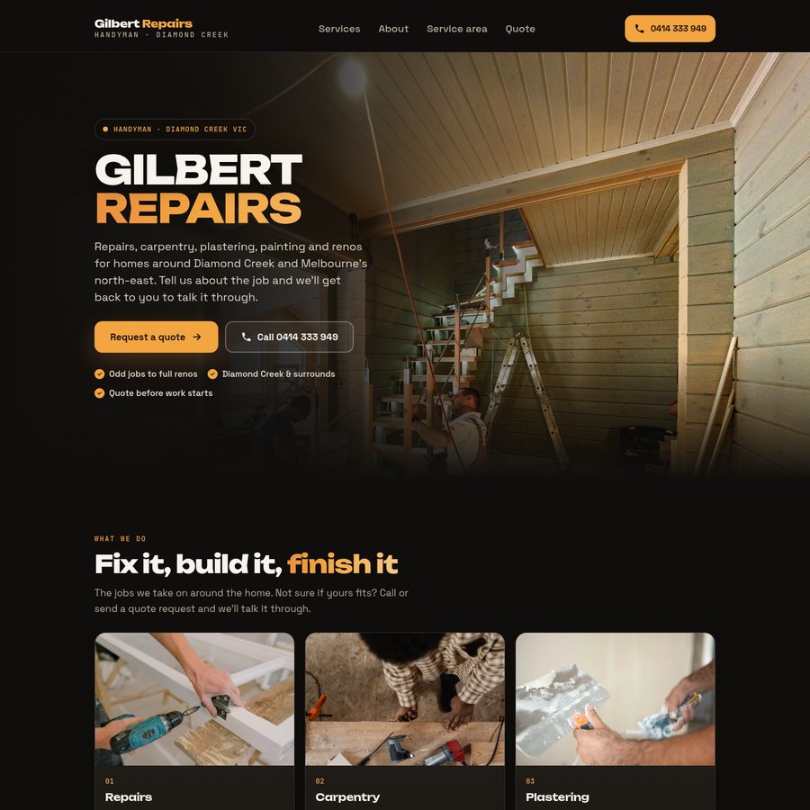 Homepage of the Gilbert Repairs sample site: dark layout with orange accents, the headline Gilbert Repairs and a handyman working on a timber staircase.