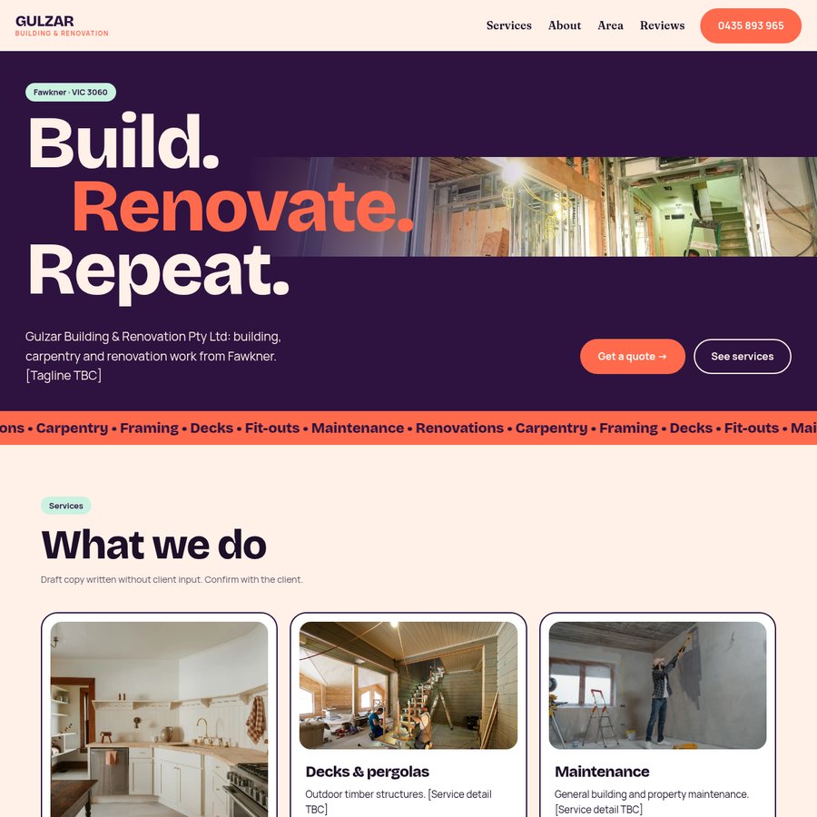 Homepage of the Gulzar Building & Renovation sample site: purple layout with the headline Build. Renovate. Repeat. and a renovation photo.